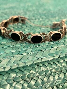 925 Sterling Silver Black Onyx XO Link Bracelet 7" Panel Bracelet Safety Clasp